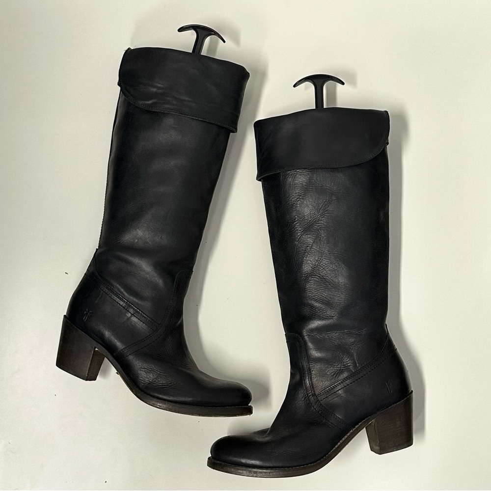 FRYE women's black leather pull on jane tall cuff boots 2.5" heel, 8.5 B. - Picture 1 of 16